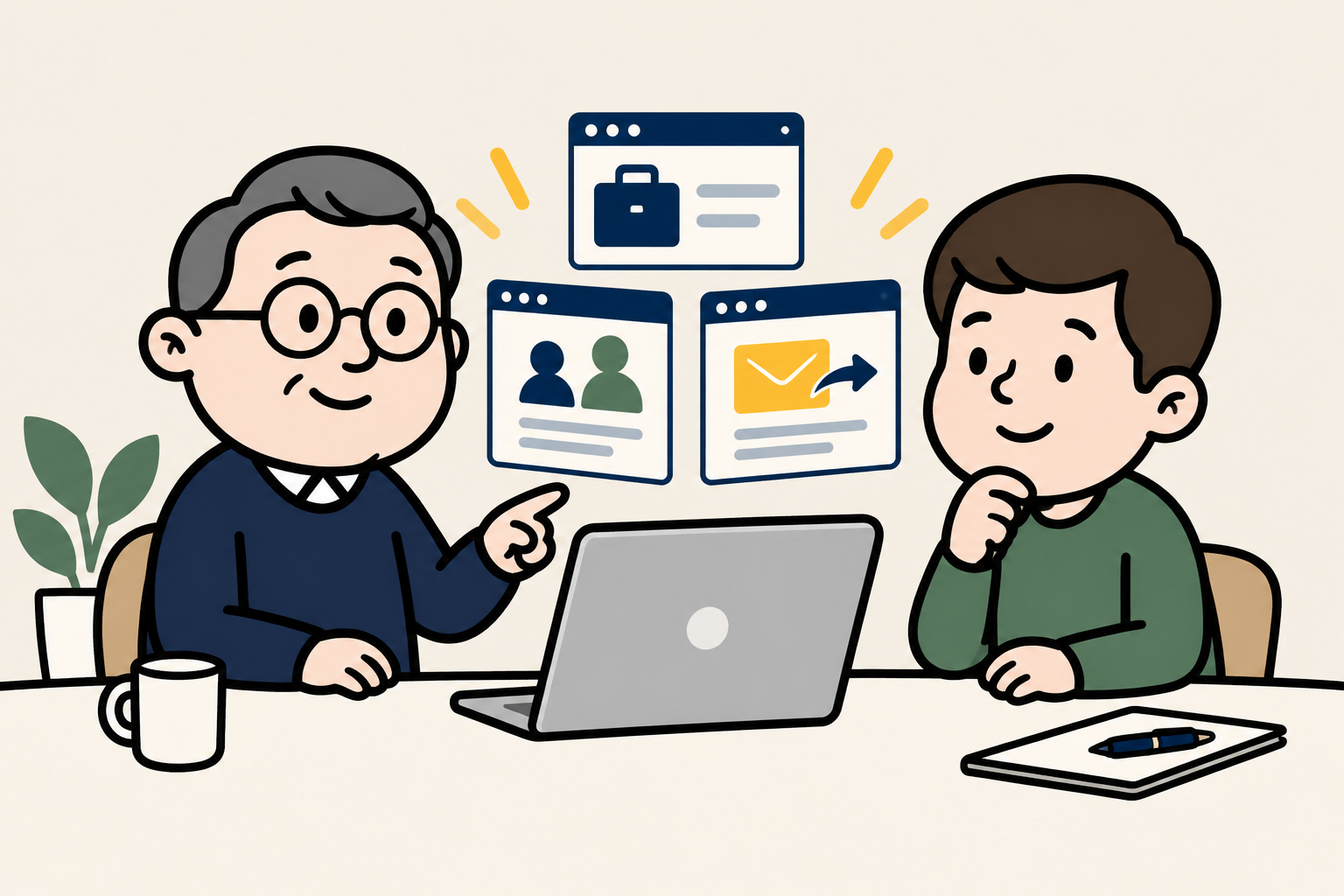 トク先生とサイくんが、仕事・仲間・応募の情報をWebでどう伝えるか相談しているイラスト